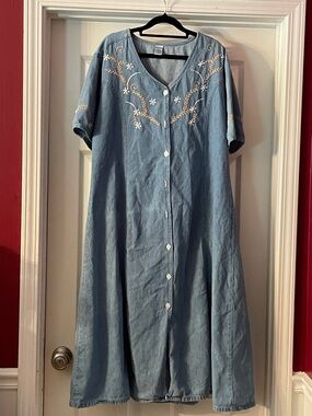 Light Wash Embroidered Button-Front Maxi Dress